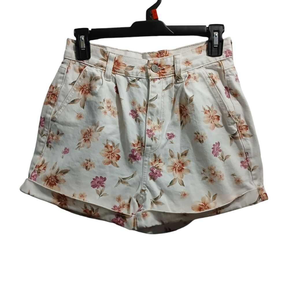 American Eagle Jean Shorts Women 2 White Floral High Rise Mom Fit Pleated 3"